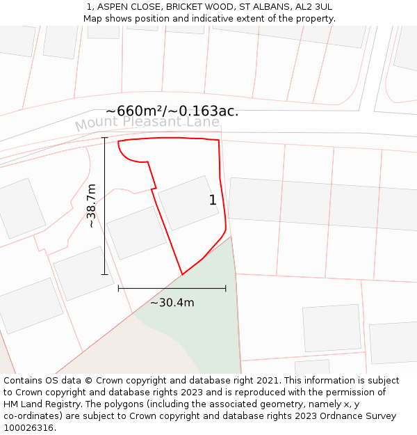 1, ASPEN CLOSE, BRICKET WOOD, ST ALBANS, AL2 3UL: Plot and title map