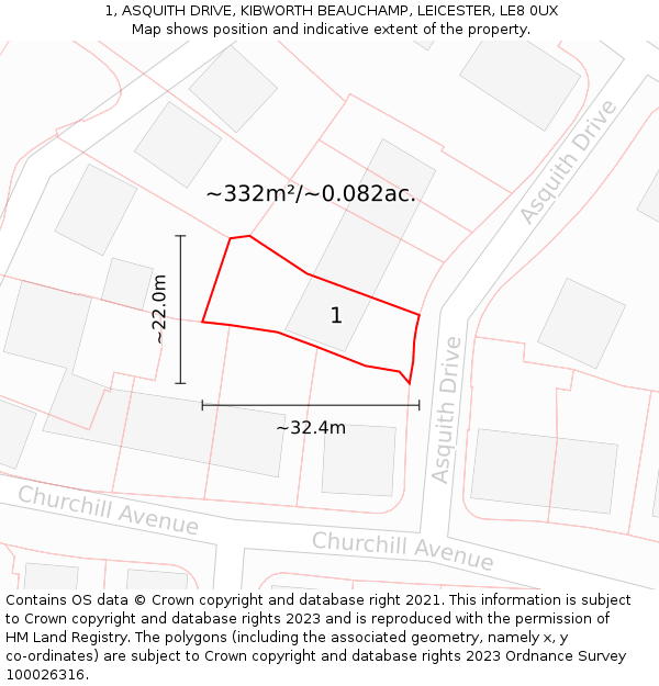 1, ASQUITH DRIVE, KIBWORTH BEAUCHAMP, LEICESTER, LE8 0UX: Plot and title map