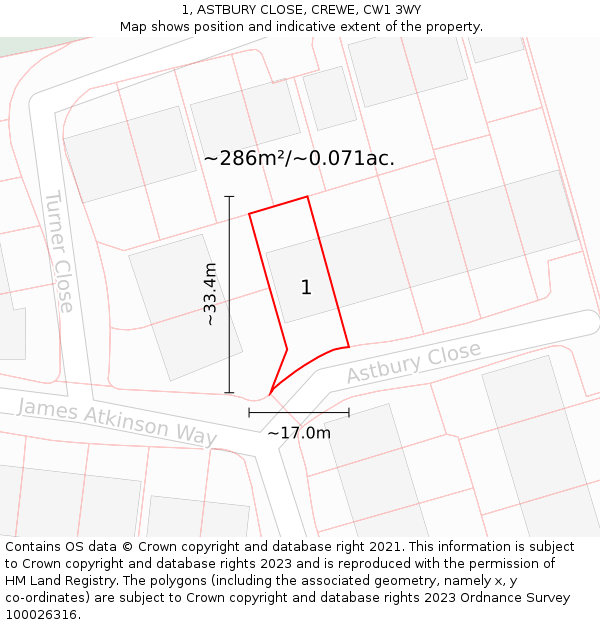 1, ASTBURY CLOSE, CREWE, CW1 3WY: Plot and title map