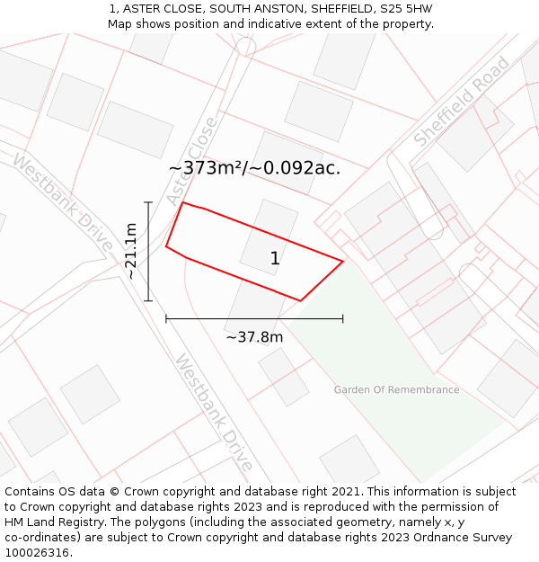 1, ASTER CLOSE, SOUTH ANSTON, SHEFFIELD, S25 5HW: Plot and title map
