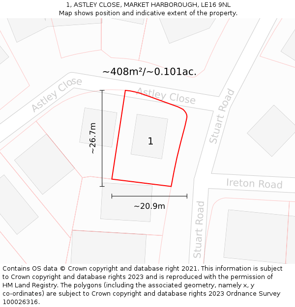1, ASTLEY CLOSE, MARKET HARBOROUGH, LE16 9NL: Plot and title map