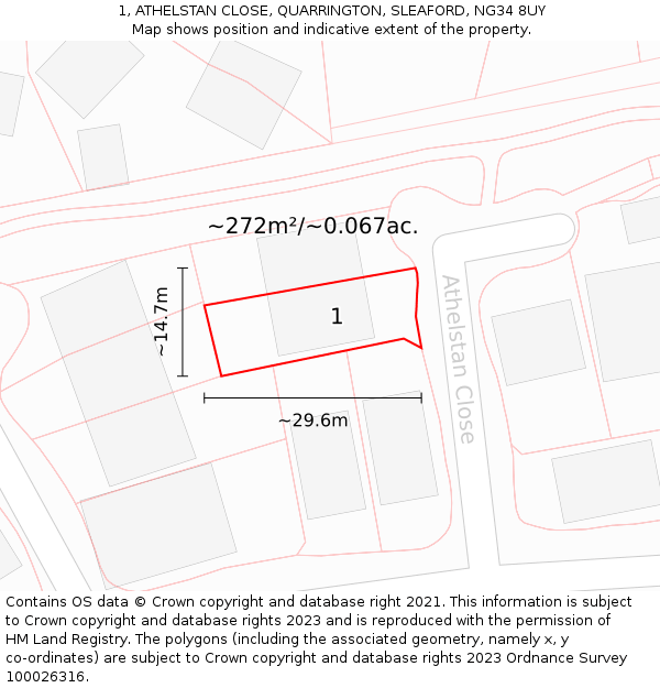 1, ATHELSTAN CLOSE, QUARRINGTON, SLEAFORD, NG34 8UY: Plot and title map