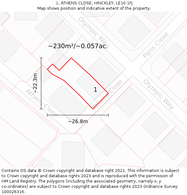 1, ATHENS CLOSE, HINCKLEY, LE10 1FJ: Plot and title map