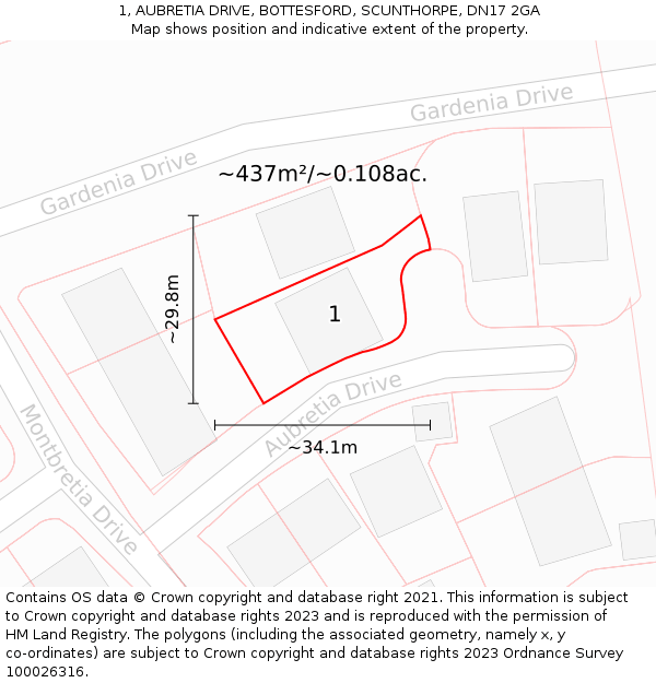 1, AUBRETIA DRIVE, BOTTESFORD, SCUNTHORPE, DN17 2GA: Plot and title map