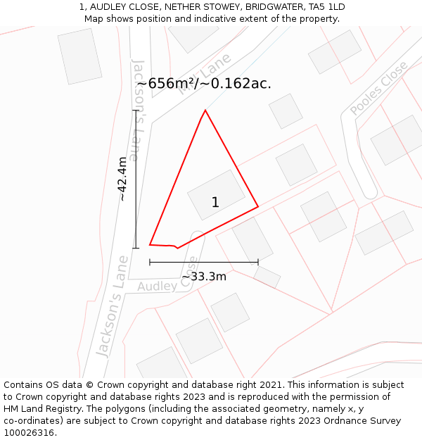 1, AUDLEY CLOSE, NETHER STOWEY, BRIDGWATER, TA5 1LD: Plot and title map