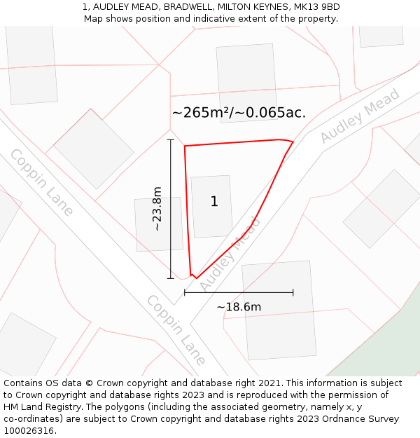 1, AUDLEY MEAD, BRADWELL, MILTON KEYNES, MK13 9BD: Plot and title map