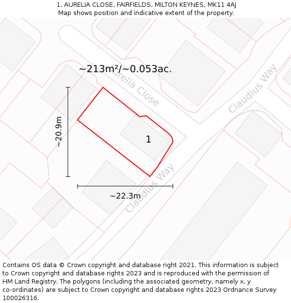 1, AURELIA CLOSE, FAIRFIELDS, MILTON KEYNES, MK11 4AJ: Plot and title map