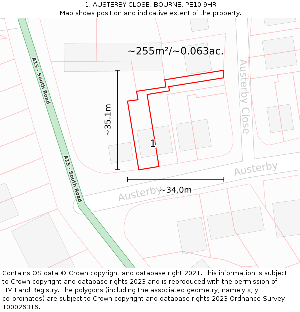 1, AUSTERBY CLOSE, BOURNE, PE10 9HR: Plot and title map