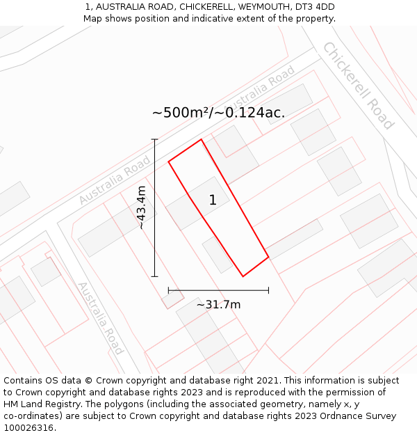 1, AUSTRALIA ROAD, CHICKERELL, WEYMOUTH, DT3 4DD: Plot and title map