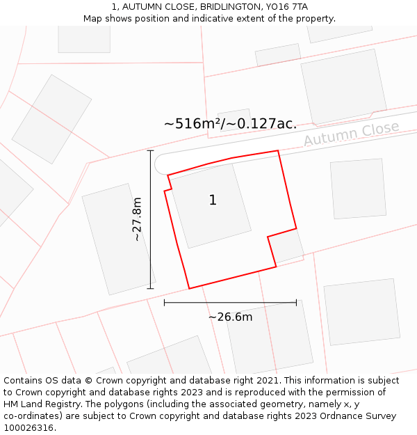 1, AUTUMN CLOSE, BRIDLINGTON, YO16 7TA: Plot and title map