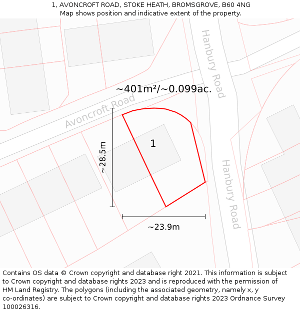 1, AVONCROFT ROAD, STOKE HEATH, BROMSGROVE, B60 4NG: Plot and title map