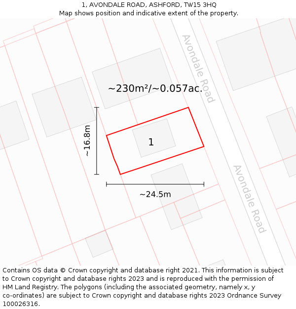 1, AVONDALE ROAD, ASHFORD, TW15 3HQ: Plot and title map