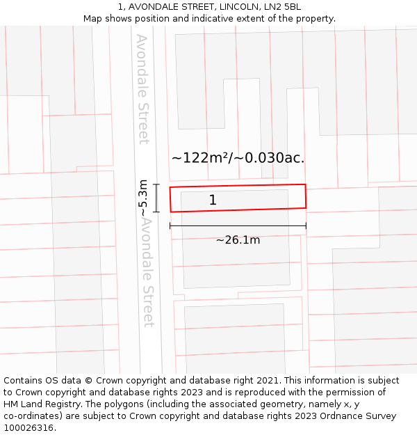 1, AVONDALE STREET, LINCOLN, LN2 5BL: Plot and title map