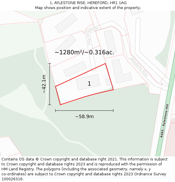 1, AYLESTONE RISE, HEREFORD, HR1 1AG: Plot and title map