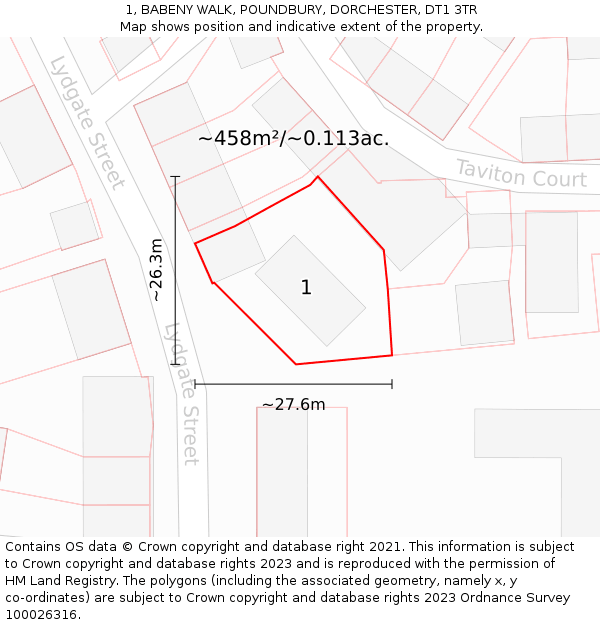 1, BABENY WALK, POUNDBURY, DORCHESTER, DT1 3TR: Plot and title map