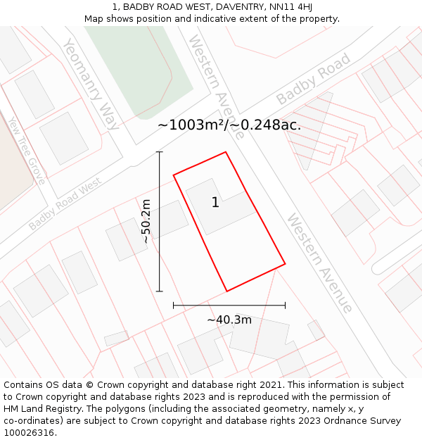 1, BADBY ROAD WEST, DAVENTRY, NN11 4HJ: Plot and title map