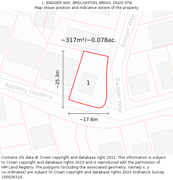 1, BADGER WAY, BROUGHTON, BRIGG, DN20 0TW: Plot and title map