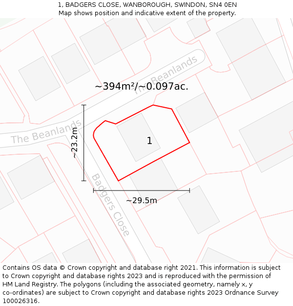 1, BADGERS CLOSE, WANBOROUGH, SWINDON, SN4 0EN: Plot and title map