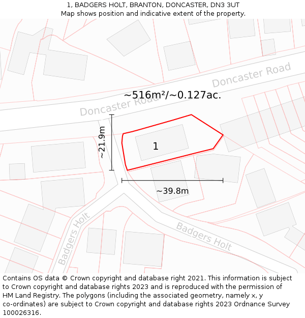 1, BADGERS HOLT, BRANTON, DONCASTER, DN3 3UT: Plot and title map