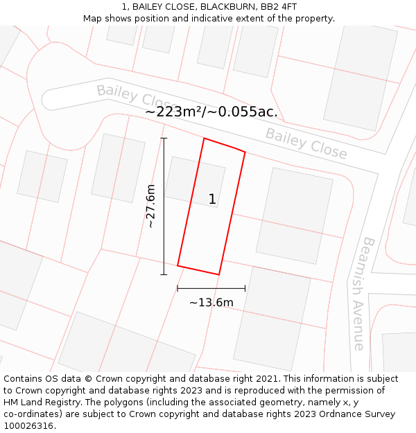 1, BAILEY CLOSE, BLACKBURN, BB2 4FT: Plot and title map