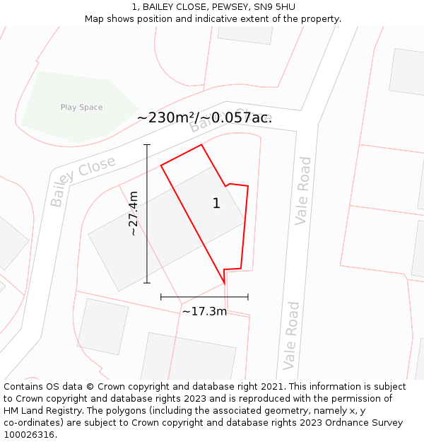 1, BAILEY CLOSE, PEWSEY, SN9 5HU: Plot and title map