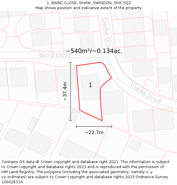 1, BAIRD CLOSE, SHAW, SWINDON, SN5 5QZ: Plot and title map