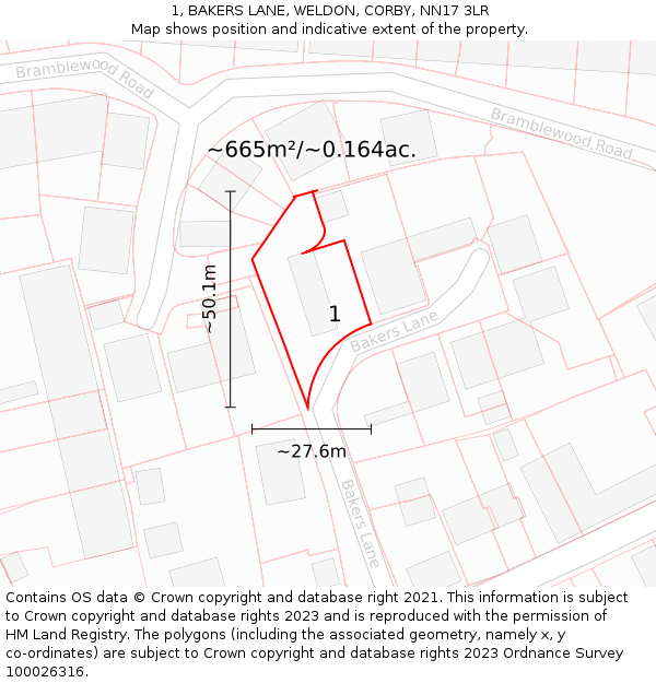 1, BAKERS LANE, WELDON, CORBY, NN17 3LR: Plot and title map