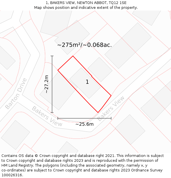 1, BAKERS VIEW, NEWTON ABBOT, TQ12 1SE: Plot and title map