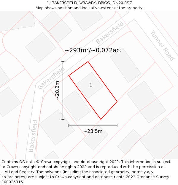 1, BAKERSFIELD, WRAWBY, BRIGG, DN20 8SZ: Plot and title map