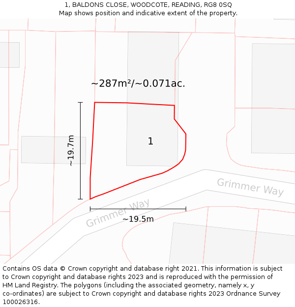 1, BALDONS CLOSE, WOODCOTE, READING, RG8 0SQ: Plot and title map