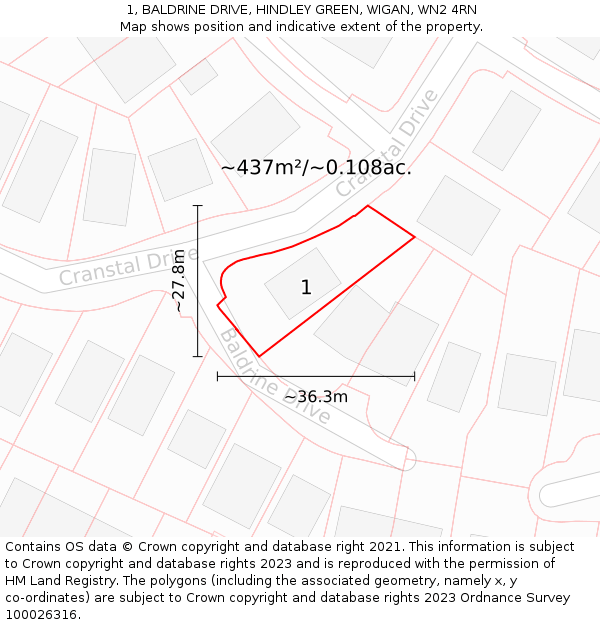 1, BALDRINE DRIVE, HINDLEY GREEN, WIGAN, WN2 4RN: Plot and title map