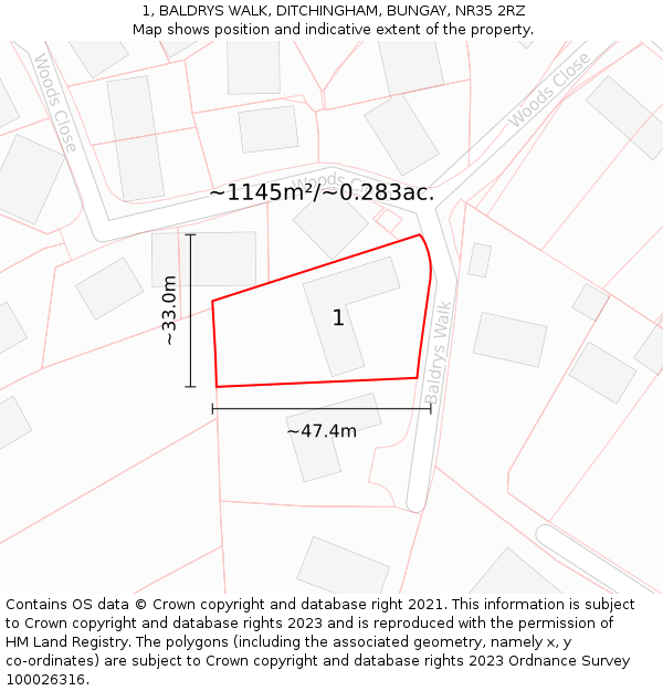 1, BALDRYS WALK, DITCHINGHAM, BUNGAY, NR35 2RZ: Plot and title map