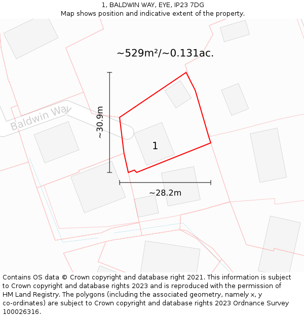 1, BALDWIN WAY, EYE, IP23 7DG: Plot and title map