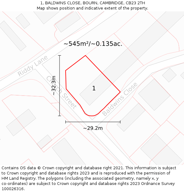 1, BALDWINS CLOSE, BOURN, CAMBRIDGE, CB23 2TH: Plot and title map