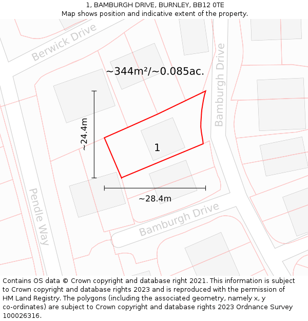 1, BAMBURGH DRIVE, BURNLEY, BB12 0TE: Plot and title map