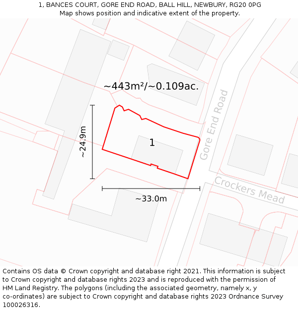 1, BANCES COURT, GORE END ROAD, BALL HILL, NEWBURY, RG20 0PG: Plot and title map