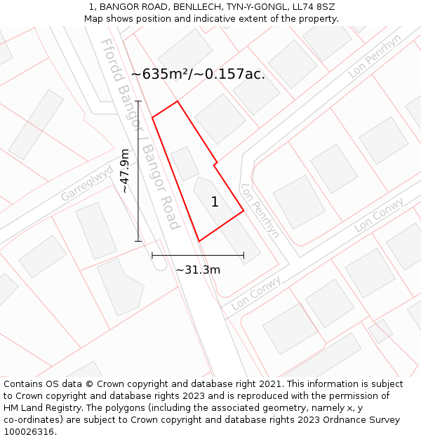 1, BANGOR ROAD, BENLLECH, TYN-Y-GONGL, LL74 8SZ: Plot and title map