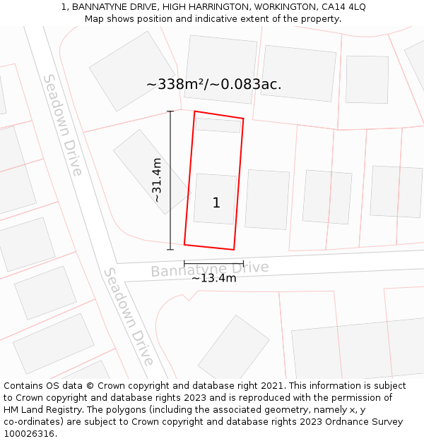 1, BANNATYNE DRIVE, HIGH HARRINGTON, WORKINGTON, CA14 4LQ: Plot and title map