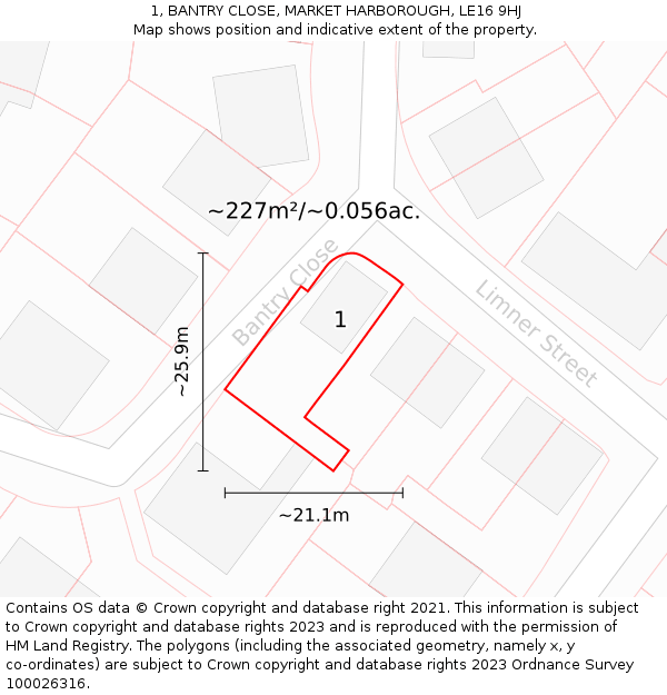 1, BANTRY CLOSE, MARKET HARBOROUGH, LE16 9HJ: Plot and title map
