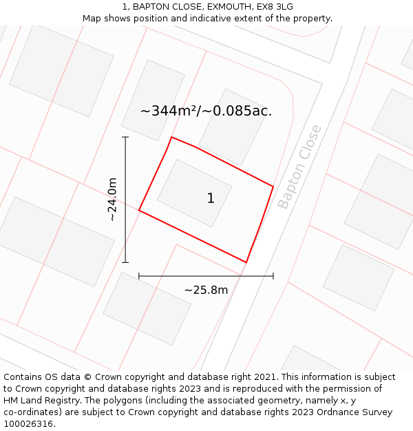 1, BAPTON CLOSE, EXMOUTH, EX8 3LG: Plot and title map