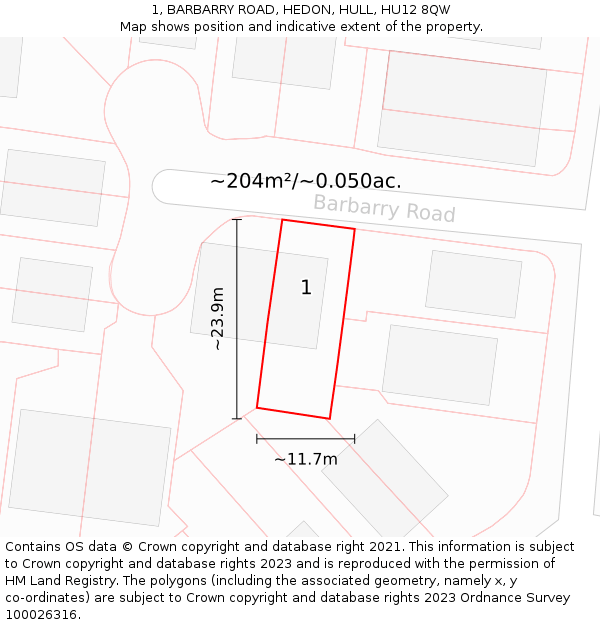 1, BARBARRY ROAD, HEDON, HULL, HU12 8QW: Plot and title map