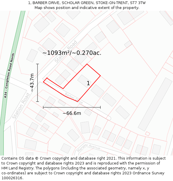 1, BARBER DRIVE, SCHOLAR GREEN, STOKE-ON-TRENT, ST7 3TW: Plot and title map