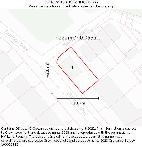 1, BARDON WALK, EXETER, EX2 7PP: Plot and title map