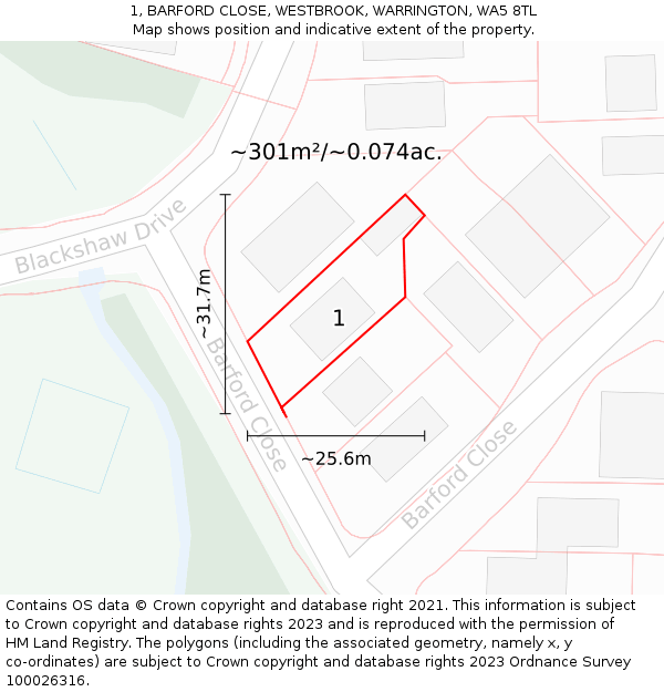 1, BARFORD CLOSE, WESTBROOK, WARRINGTON, WA5 8TL: Plot and title map