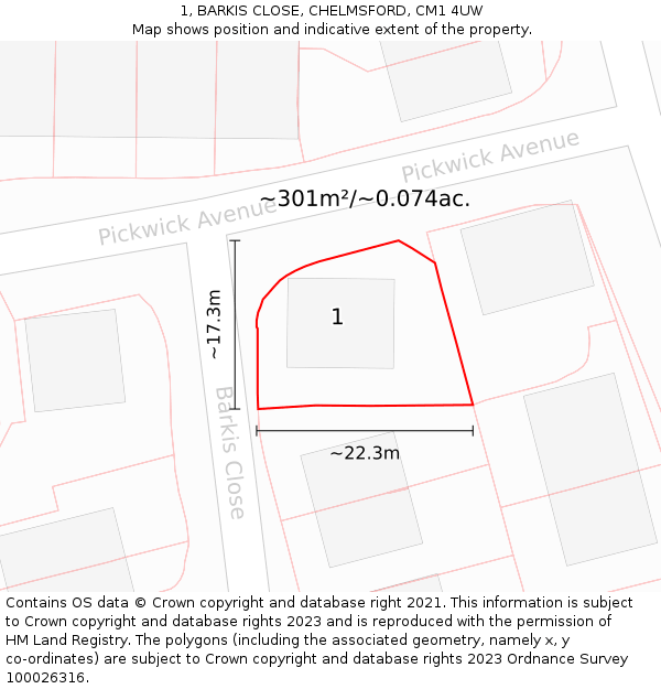 1, BARKIS CLOSE, CHELMSFORD, CM1 4UW: Plot and title map