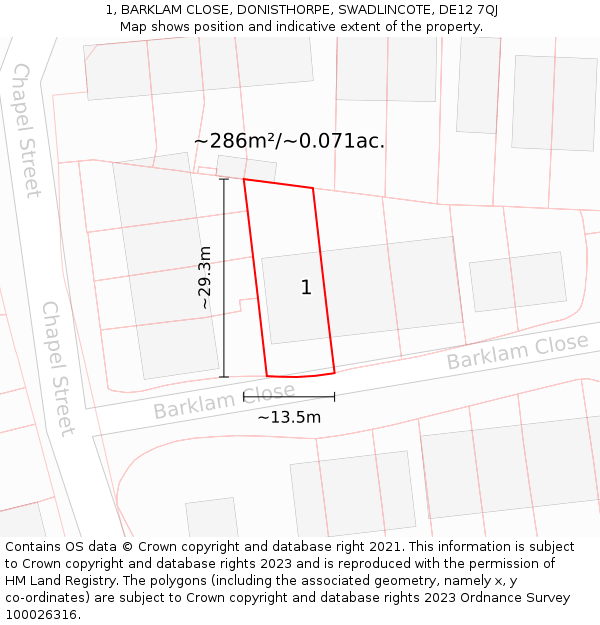 1, BARKLAM CLOSE, DONISTHORPE, SWADLINCOTE, DE12 7QJ: Plot and title map