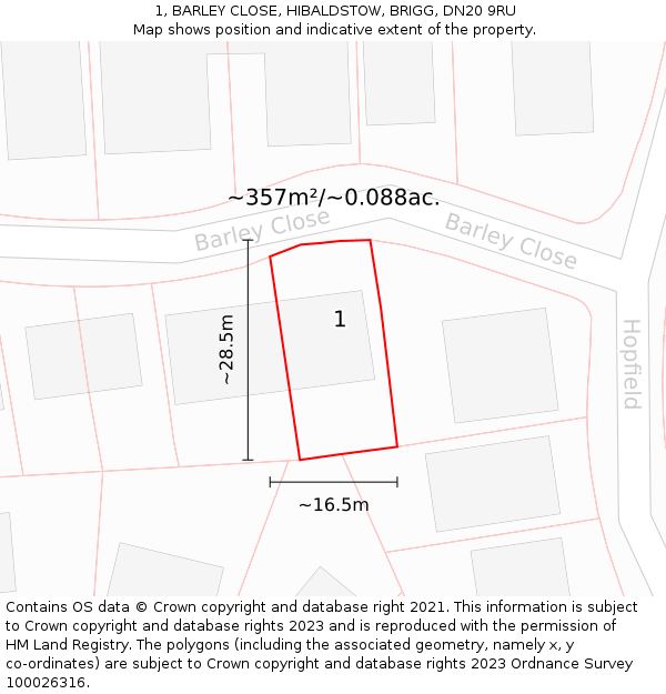 1, BARLEY CLOSE, HIBALDSTOW, BRIGG, DN20 9RU: Plot and title map