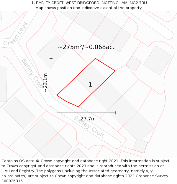 1, BARLEY CROFT, WEST BRIDGFORD, NOTTINGHAM, NG2 7RU: Plot and title map