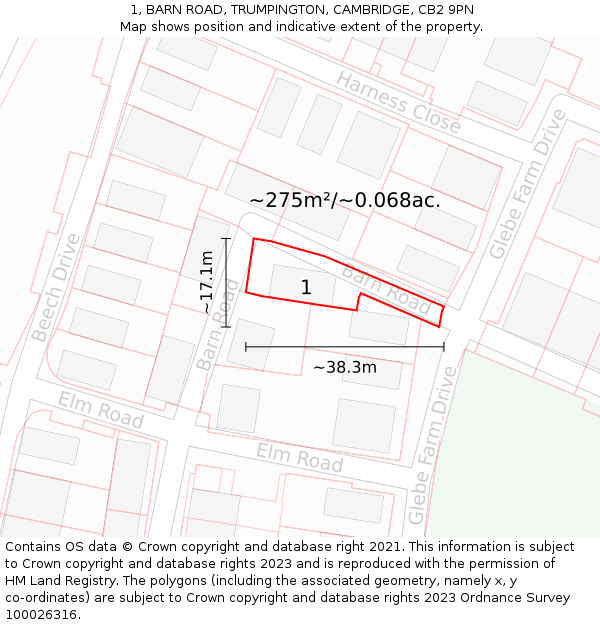 1, BARN ROAD, TRUMPINGTON, CAMBRIDGE, CB2 9PN: Plot and title map