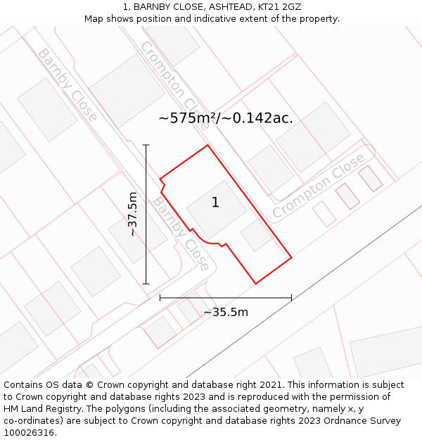 1, BARNBY CLOSE, ASHTEAD, KT21 2GZ: Plot and title map